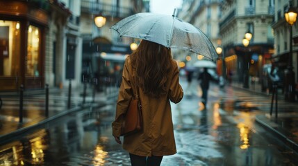 Stylish parisian woman with umbrella on rainy day, cinematic realism and soft reflections - obrazy, fototapety, plakaty