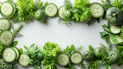 An AI-designed image of a picture frame fashioned out of crisp, fresh cucumbers and zucchinis, set against a pure white canvas, emphasizing the cool - Powered by Adobe