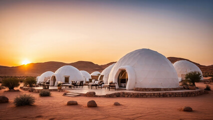 Luxury glamping igloo tents in a desert oasis at sunset - 775238603
