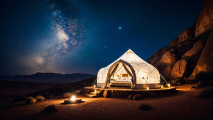 Luxury igloo tent, glamping in the desert at night against of the night starry sky. Luxurious hotel