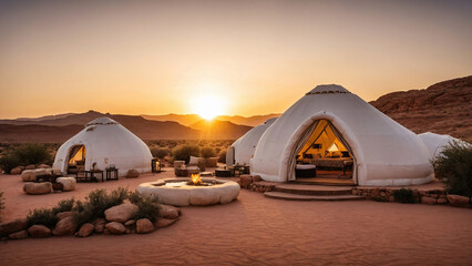Luxury glamping igloo tents in a desert oasis at sunset