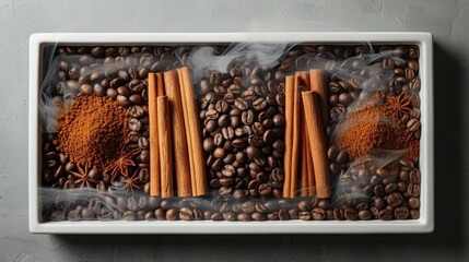 An AI-designed picture frame filled with steaming hot coffee beans and cinnamon sticks, artfully arranged on a white backdrop, where the contrast of the dark beans and the warm