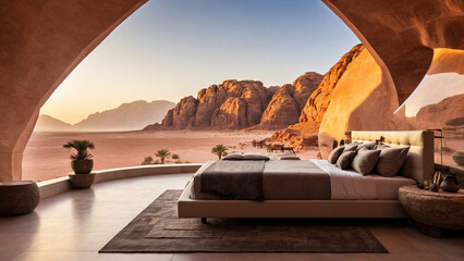 Luxury Geo-domes in a desert at sunrise. Panoramic view from a luxurious modern bedroom