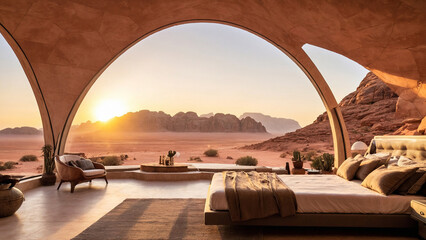 Luxury Geo-domes in a desert at sunset. Panoramic view from a luxurious modern bedroom