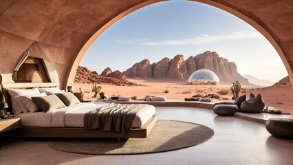 Luxury Geo-domes in a desert. Panoramic view from a luxurious modern bedroom - 775238636