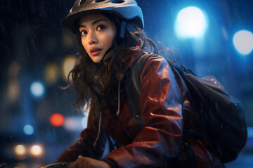 A beautiful young adult of Asian hipster woman riding her bicycle to work, a frontside portrait of a woman commuting on a bicycle on a rainy day in an urban street at midnight 
