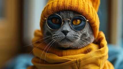 Cat dressed in yellow with round glasses