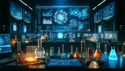 A cybernetic laboratory glowing with blue lights, featuring intricate molecular structures on screens and various illuminated scientific glassware.

