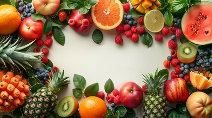 An AI-generated image of a frame composed of freshly cut summer fruits, including watermelon and pineapple, set on a white background, celebrating the essence of summer with vivid colors