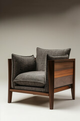 Walnut and fabric armchair with a modern design