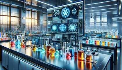 An expansive modern laboratory filled with colorful chemical solutions and high-tech screens showcasing complex scientific data, illuminated by natural light from large windows.

 - obrazy, fototapety, plakaty