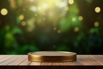 An empty round wooden podium set amidst a green background with water drops and modern background a product display background or wallpaper concept with front-lighting 