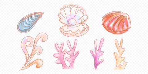 Watercolor set of drawings of sea creatures, including a shell, a clam, and a coral. The drawings are in various colors and styles, and they convey a sense of whimsy and playfulness