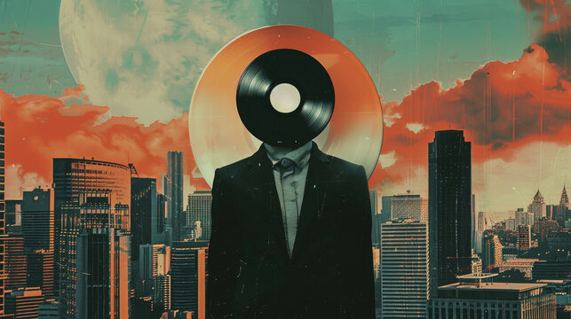 Surreal cityscape with vinyl record head