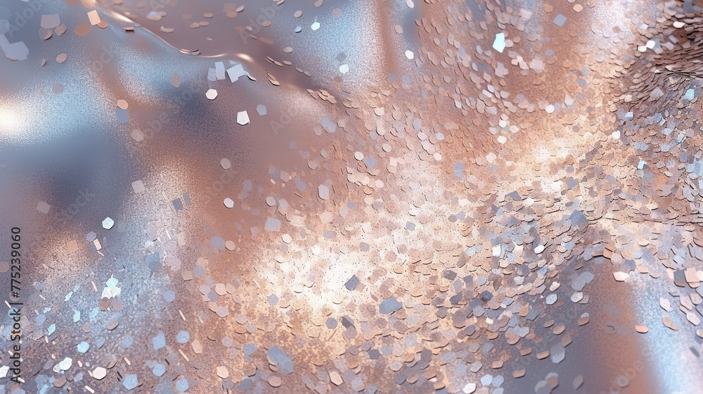 Poster Abstract shiny background with holographic glitter. Scattered confetti sparkles with violet and yellow color.