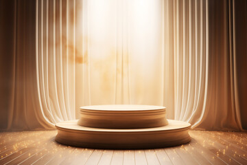 An empty round wooden podium set amidst a soft white blowing drapery curtain drapes and maximalist background a product display background or wallpaper concept with front-lighting 