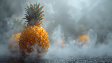 An AI-generated image with a small, steaming pineapple piece positioned in the center left, against a white background that dominates the scene - obrazy, fototapety, plakaty
