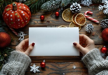 Woman hands holding a letter to Santa on wooden background with Christmas gifts, Fir branches and candy. Copy space for text, Flat lay, top view