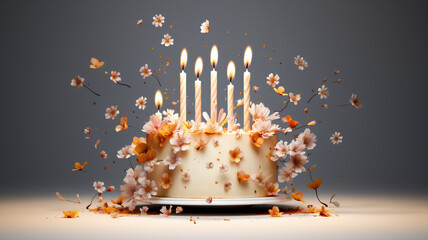 A birthday cake with flower decorations and sparklers and an isolated white background 