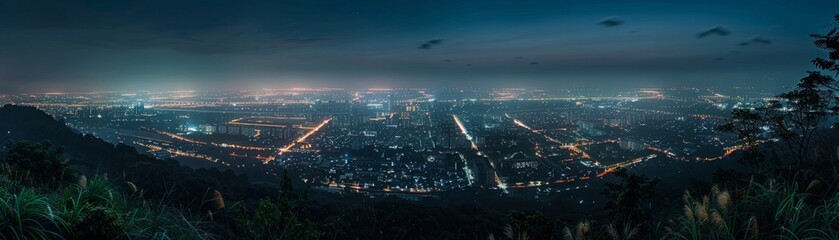 The serene solitude of dusk, as seen from an overlook, with the cityscape below transitioning to night - obrazy, fototapety, plakaty