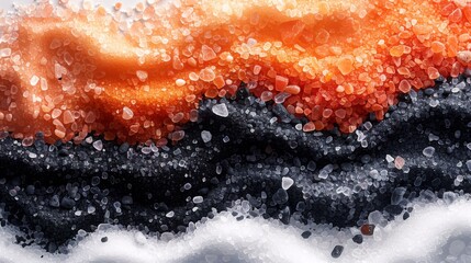 An AI-rendered image depicting a picture frame created from a collection of gourmet salts - Himalayan pink, sea salt, and black lava - displayed on a white background, where the contrast of colors - obrazy, fototapety, plakaty