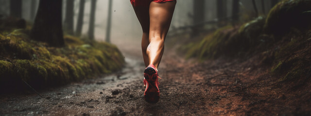 Lady or female / woman Latin trail runner running on a forest path with a close-up of the trail running shoes during a cloudy mid-day 