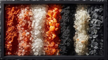 An AI-rendered image depicting a picture frame created from a collection of gourmet salts - Himalayan pink, sea salt, and black lava - displayed on a white background, where the contrast of colors - obrazy, fototapety, plakaty