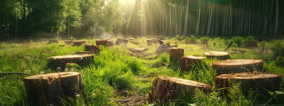deforestation felling wood tree cut and forest landscape concept of forestry logging business forest cutting environmental ecological damage