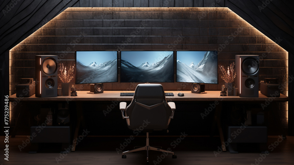 Poster a gaming room setup with a computer that has three screens a minimalist and dark room with sunlight 