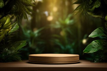 An empty round wooden podium set amidst a lush tropical forest and maximalist background a product display background or wallpaper concept with backlighting  - obrazy, fototapety, plakaty
