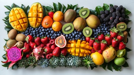 An AI-rendered image featuring a picture frame constructed of exotic fruits, including dragon fruit, kiwi, and mango, displayed on a white background, where the striking contrast of colors pops