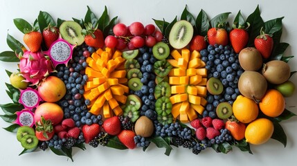 An AI-rendered image featuring a picture frame constructed of exotic fruits, including dragon...