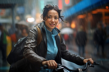A beautiful adult of Mongolianformal woman riding her bicycle to work, a frontside portrait of a woman commuting on a bicycle on a rainy day in an urban street at mid-day 