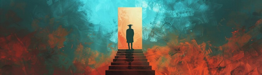 The abstract journey of ambition culminates in the ascent of graduation, a symbolic threshold to the futures boundless possibilities - obrazy, fototapety, plakaty