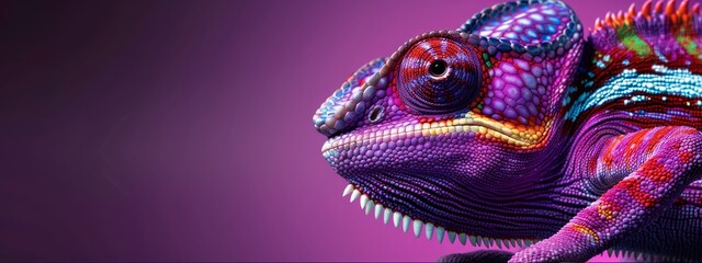 Fototapeta premium Beautiful violet chameleon on purple background, wide horizontal panoramic banner with copy space, or web site header with empty area for text.