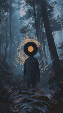 Surreal figure with vinyl record head in misty forest
