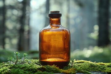 An old empty brown bottle on a moss covered rock, in a forest