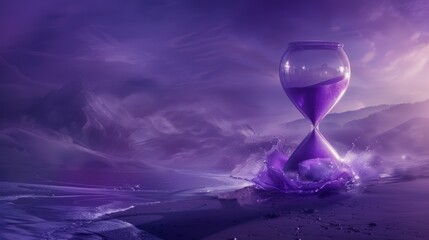 Surreal purple hourglass on a desolate landscape