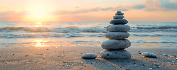 Zen stones stacked on a beach at sunset - obrazy, fototapety, plakaty