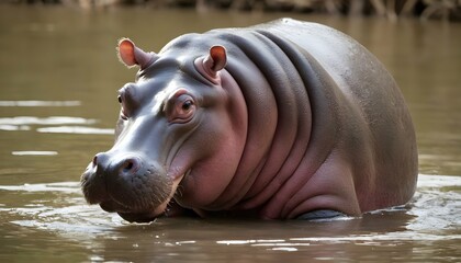 A Hippopotamus With Its Ears Perked Up Listening