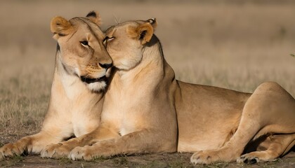 A Lioness Grooming Her Mate