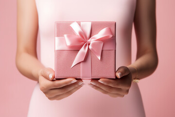  glamorous pink background with woman hands holding a wrapped gift box seen from a low angle for a birthday 