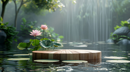 empty wooden podium floating on the lotus pond with natural green background for product presentation