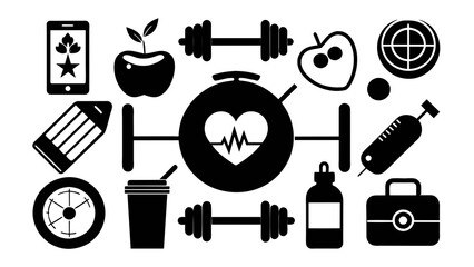big-fitness-icon-set-vector-black-and-white-background vector illustration