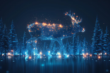 Naklejka premium Gorgeous deer illustration blending digital wireframe polygons with line and dot technology, perfect for contemporary design projects and wildlife-themed creations