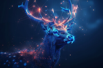 Gorgeous deer illustration blending digital wireframe polygons with line and dot technology, perfect for contemporary design projects and wildlife-themed creations - obrazy, fototapety, plakaty
