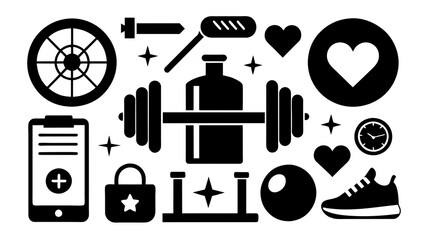 big-fitness-icon-set-vector-black-and-white-background vector illustration