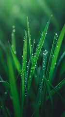 Fototapeta na wymiar Dew drops on green grass blades