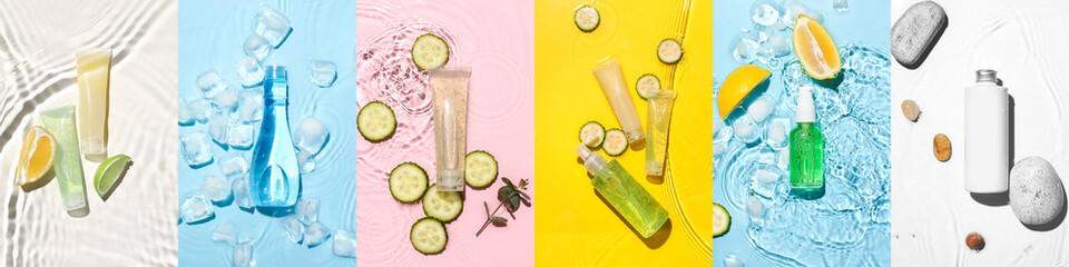 Set of cosmetic products with water splashes on color background, top view