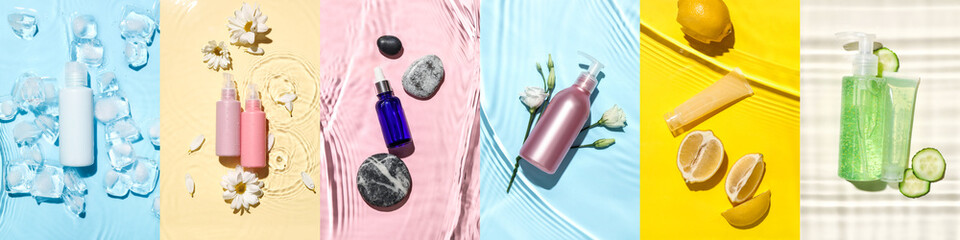 Group of cosmetic products with water splashes on color background, top view